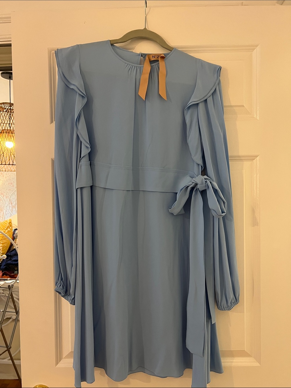 Light Blue Long-Sleeve Ruffle Tie-Waist Dress by